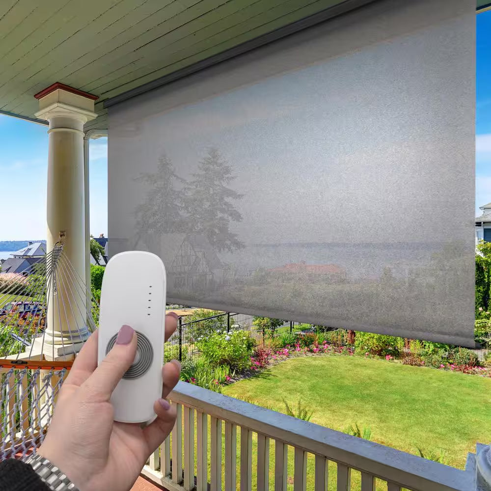 Tide Pool Grey and Black Motorized Outdoor Patio Roller Shade with Valance 84 In. W X 96 In. L