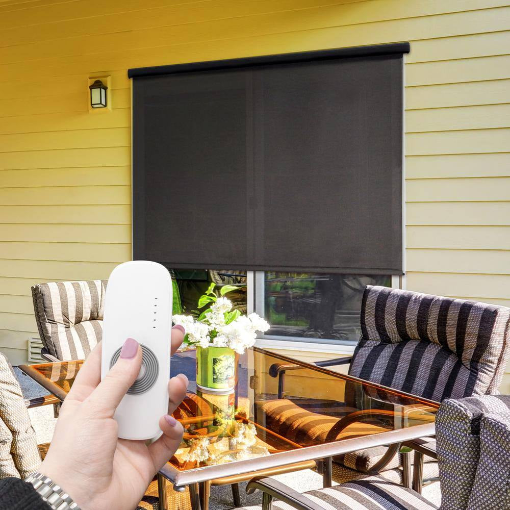 Tide Pool Grey and Black Motorized Outdoor Patio Roller Shade with Valance 84 In. W X 96 In. L