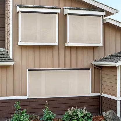 Tide Pool Grey and Black Motorized Outdoor Patio Roller Shade with Valance 84 In. W X 96 In. L