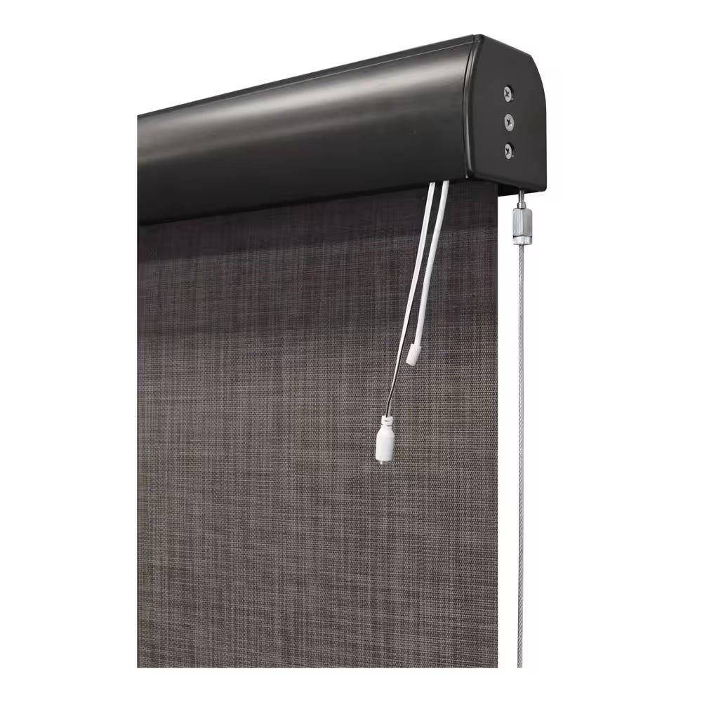 Tide Pool Grey and Black Motorized Outdoor Patio Roller Shade with Valance 84 In. W X 96 In. L