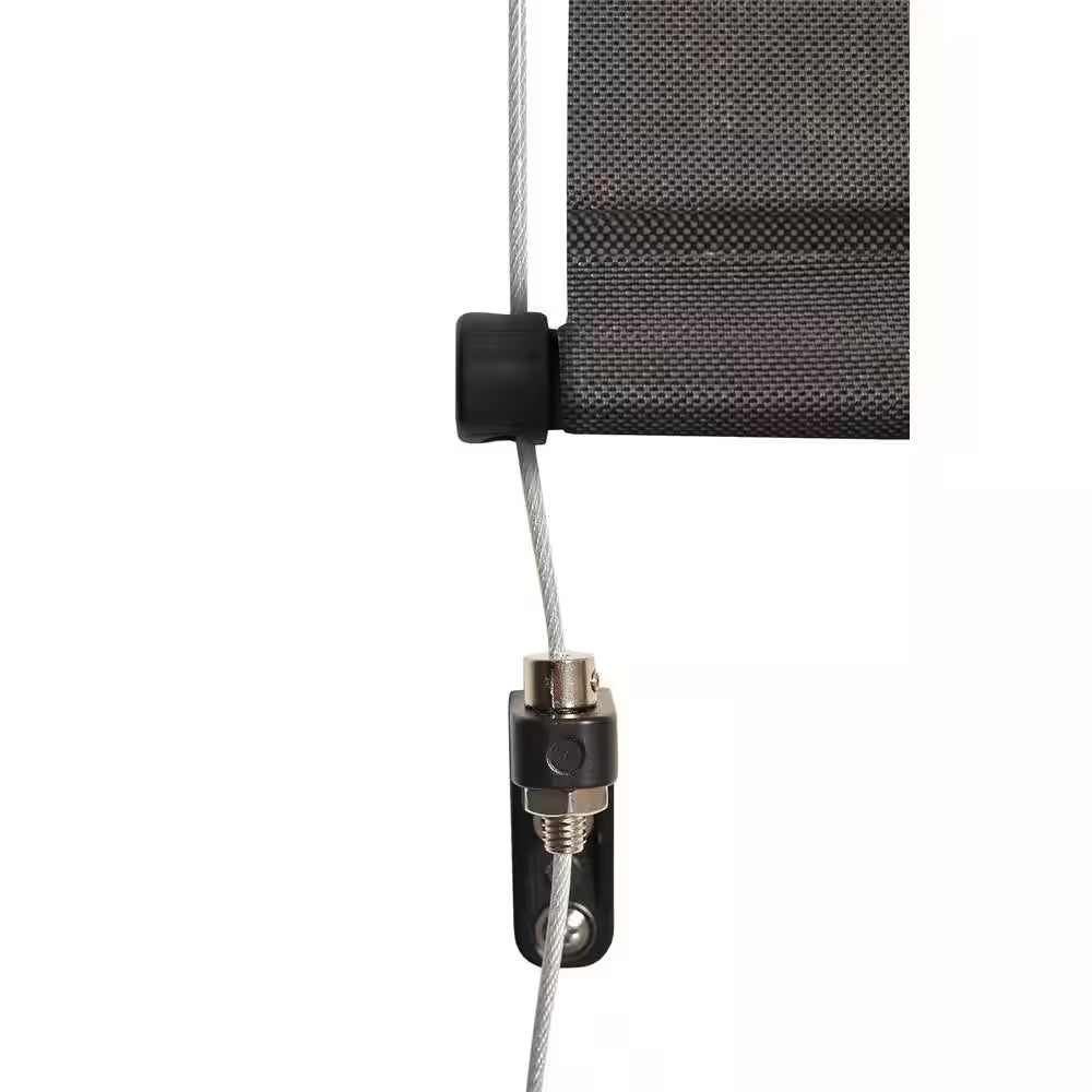 Tide Pool Grey and Black Motorized Outdoor Patio Roller Shade with Valance 84 In. W X 96 In. L
