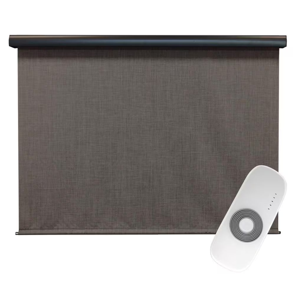 Tide Pool Grey and Black Motorized Outdoor Patio Roller Shade with Valance 84 In. W X 96 In. L