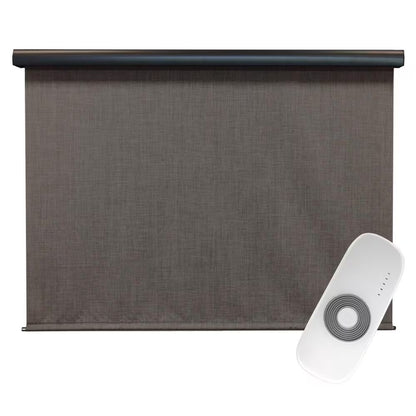 Tide Pool Grey and Black Motorized Outdoor Patio Roller Shade with Valance 84 In. W X 96 In. L