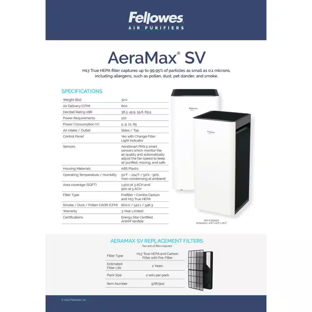 Aeramax SV True HEPA Large Room Tower Air Purifier 1,500 Sq. Ft. for Allergies, Asthma and Odor, ENERGY STAR