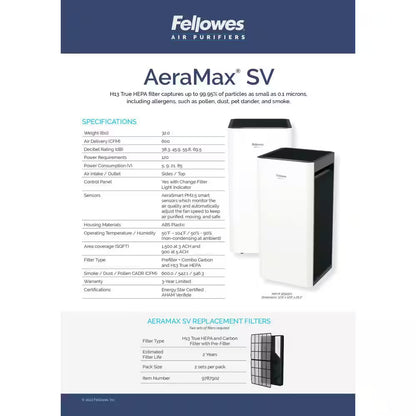 Aeramax SV True HEPA Large Room Tower Air Purifier 1,500 Sq. Ft. for Allergies, Asthma and Odor, ENERGY STAR